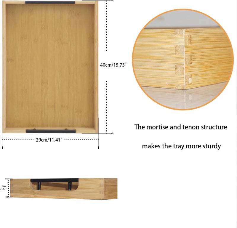 Krismax Wooden Serving Tray with Handles, Serving Platter 15.7x11.4 Inch Food Drinks Tray for Coffee Table,Decorative Storage Tray for Entertaining, Breakfast Tray in Bed,Lunch,Dinner,BBQ(Bamboo) - Image 2